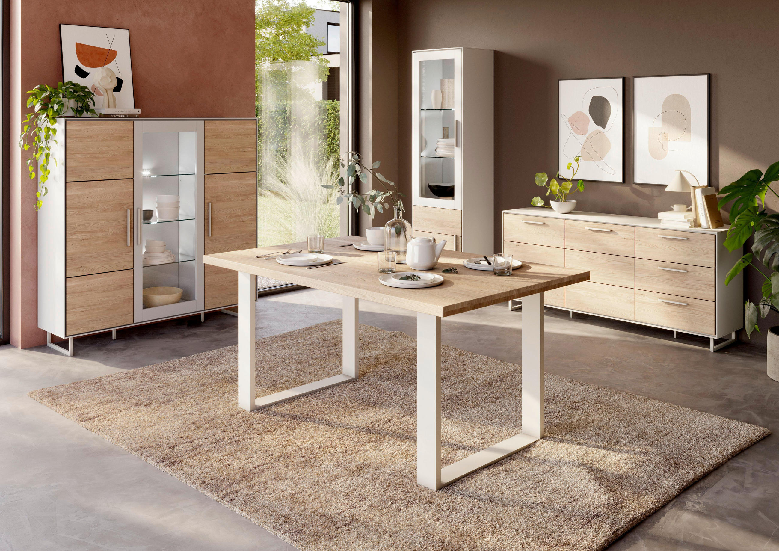 HIGHBOARD Kaunas  in 146/147/40 cm  - Kaschmir/Eiche Bianco, Design, Glas/Holz (146/147/40cm) - Livetastic