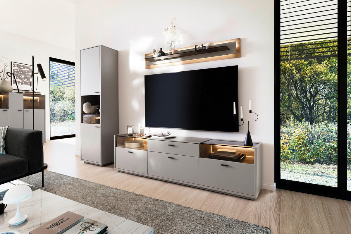 REGAL ZA DNEVNI BORAVAK siva, boje hrasta   - siva/boje hrasta, Moderno, staklo/drvni materijal (271/200/44cm) - Stylife