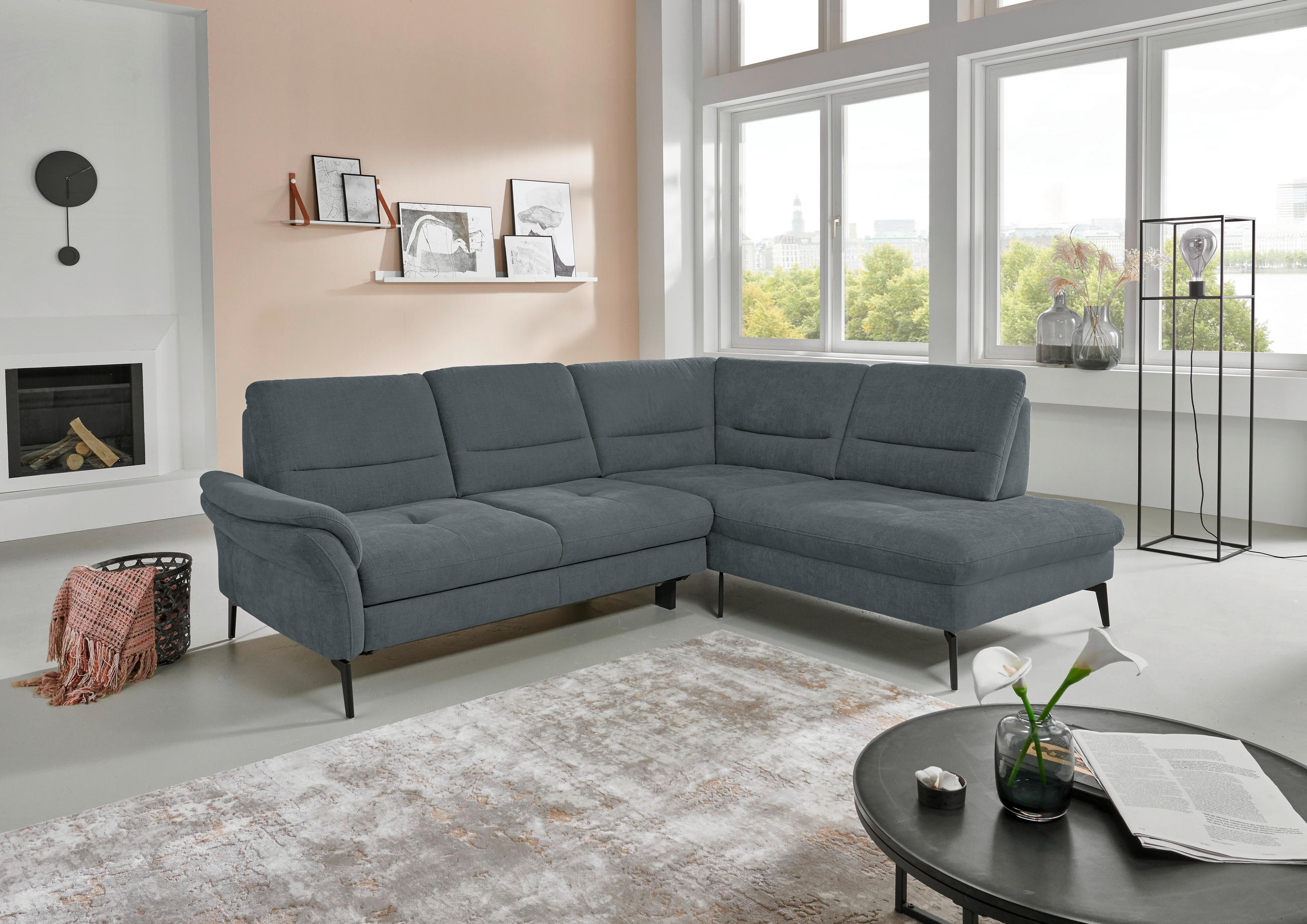 ECKSOFA in Webstoff Blaugrau  - Blaugrau/Schwarz, Design, Textil/Metall (256/206cm) - Beldomo System
