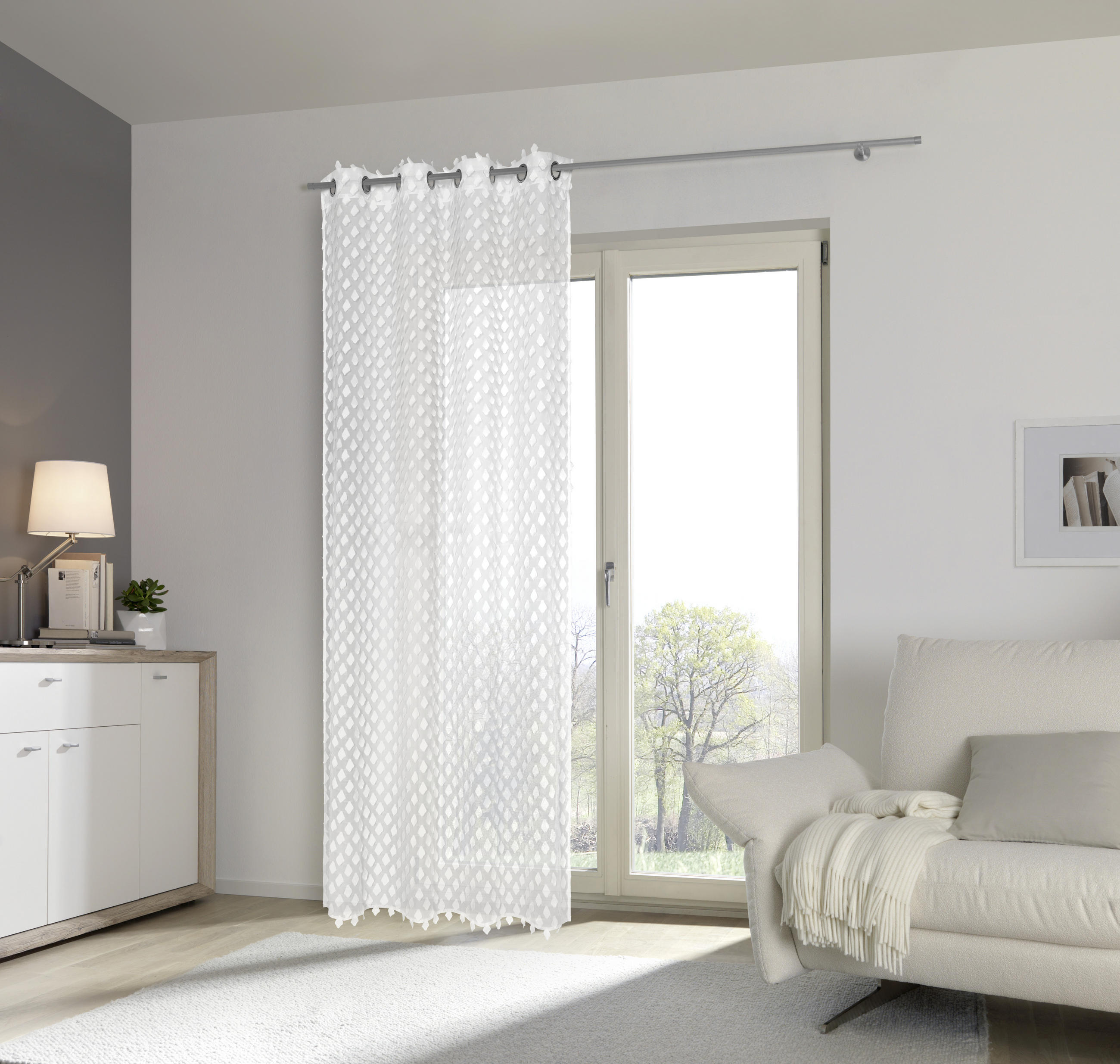ZAVESA Z OBROČKI CLARA pol prosojno 135/245 cm - bela, Trendi, tekstil (135/245cm) - Esposa