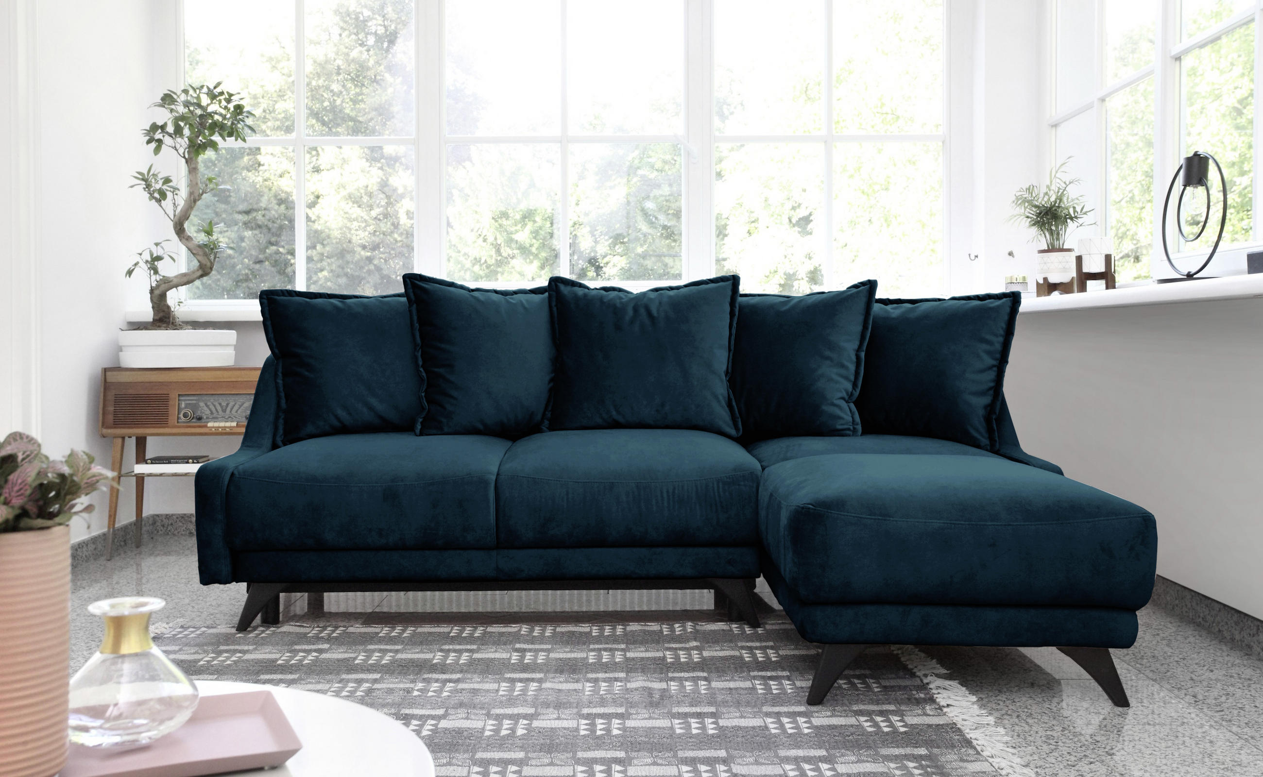 ECKSCHLAFSOFA Blau Velours - Blau/Schwarz, Basics, Holz/Textil (225/80/90/155cm) - MID.YOU