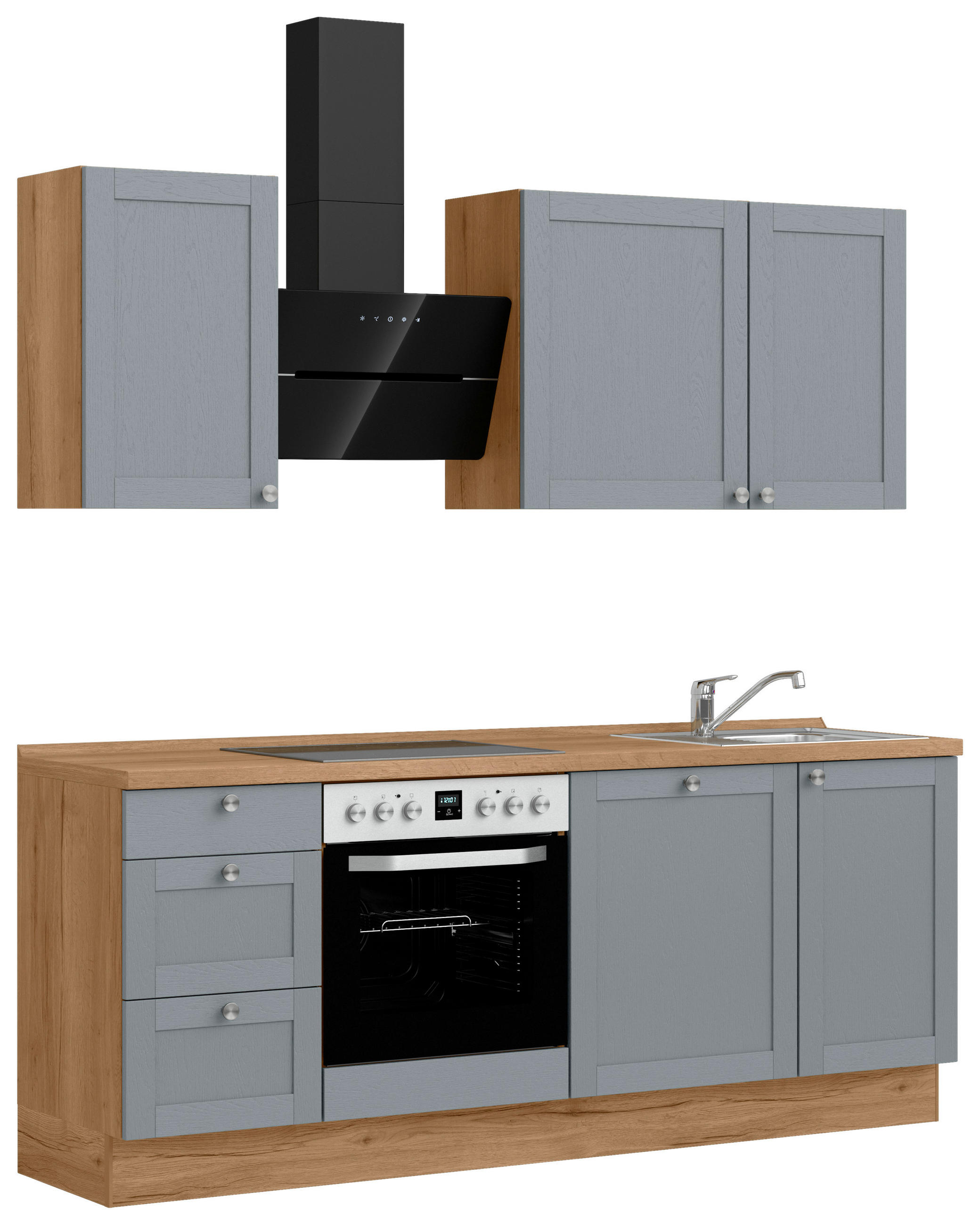 KÜCHENBLOCK Frame 210 cm  in Eichefarben, Blaugrau  - Edelstahlfarben/Eichefarben, MODERN, Holzwerkstoff/Metall (210cm) - Nobilia