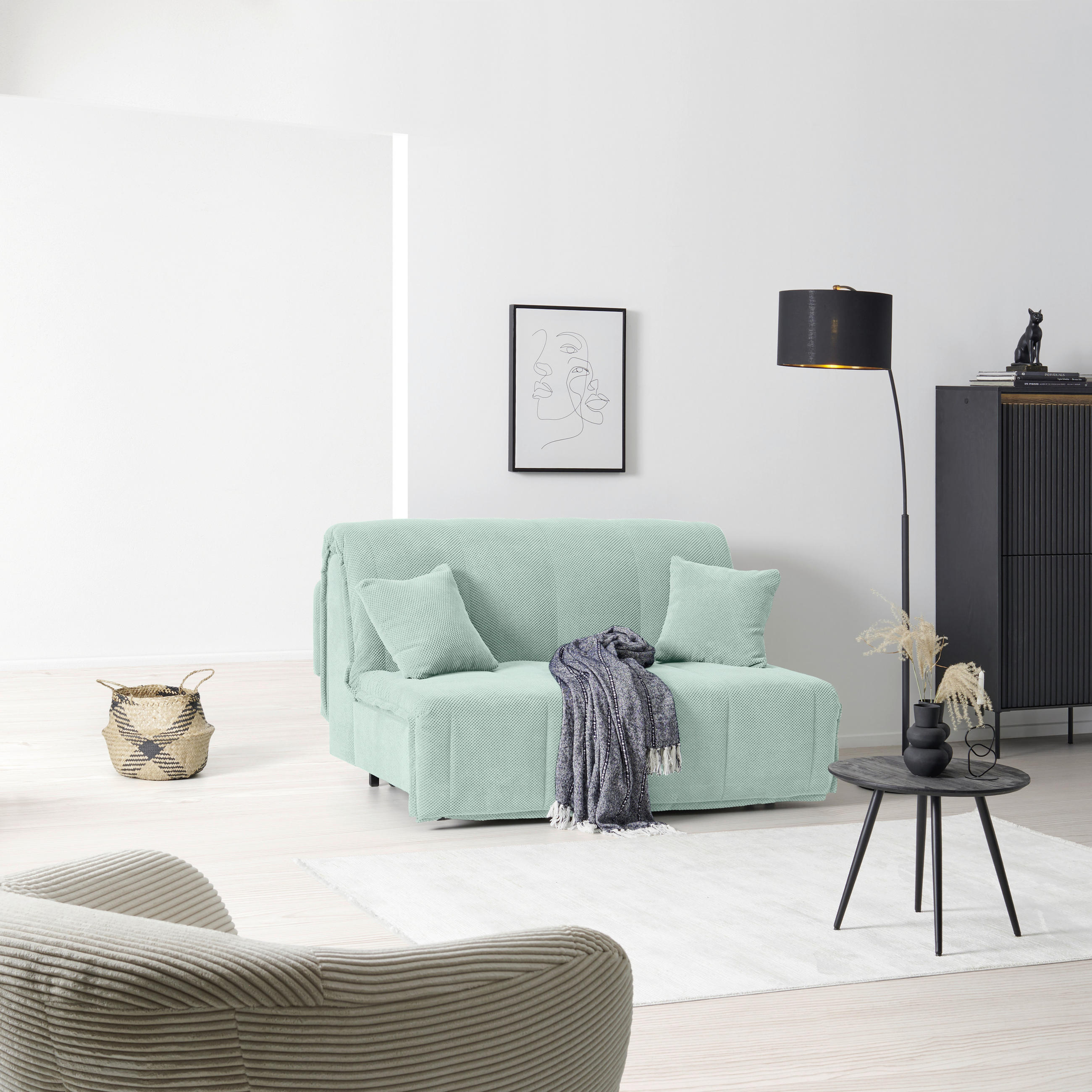 SCHLAFSOFA Velours Mintgrün  - Schwarz/Mintgrün, Design, Kunststoff/Textil (148/88/110cm) - Livetastic