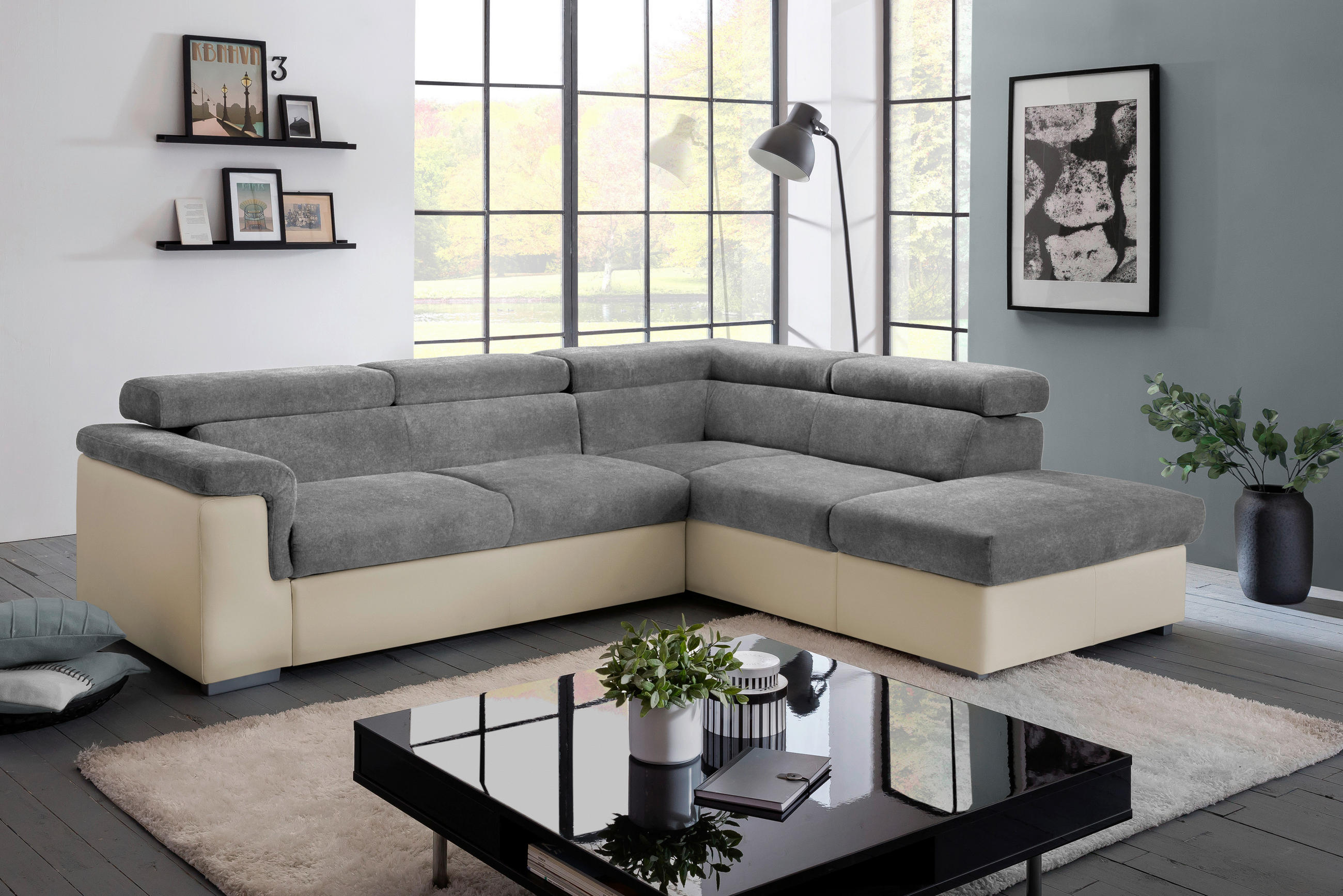 ECKSOFA Anthrazit, Braun Lederlook, Flachgewebe  - Anthrazit/Braun, Basics, Holz/Textil (252/217cm) - MID.YOU