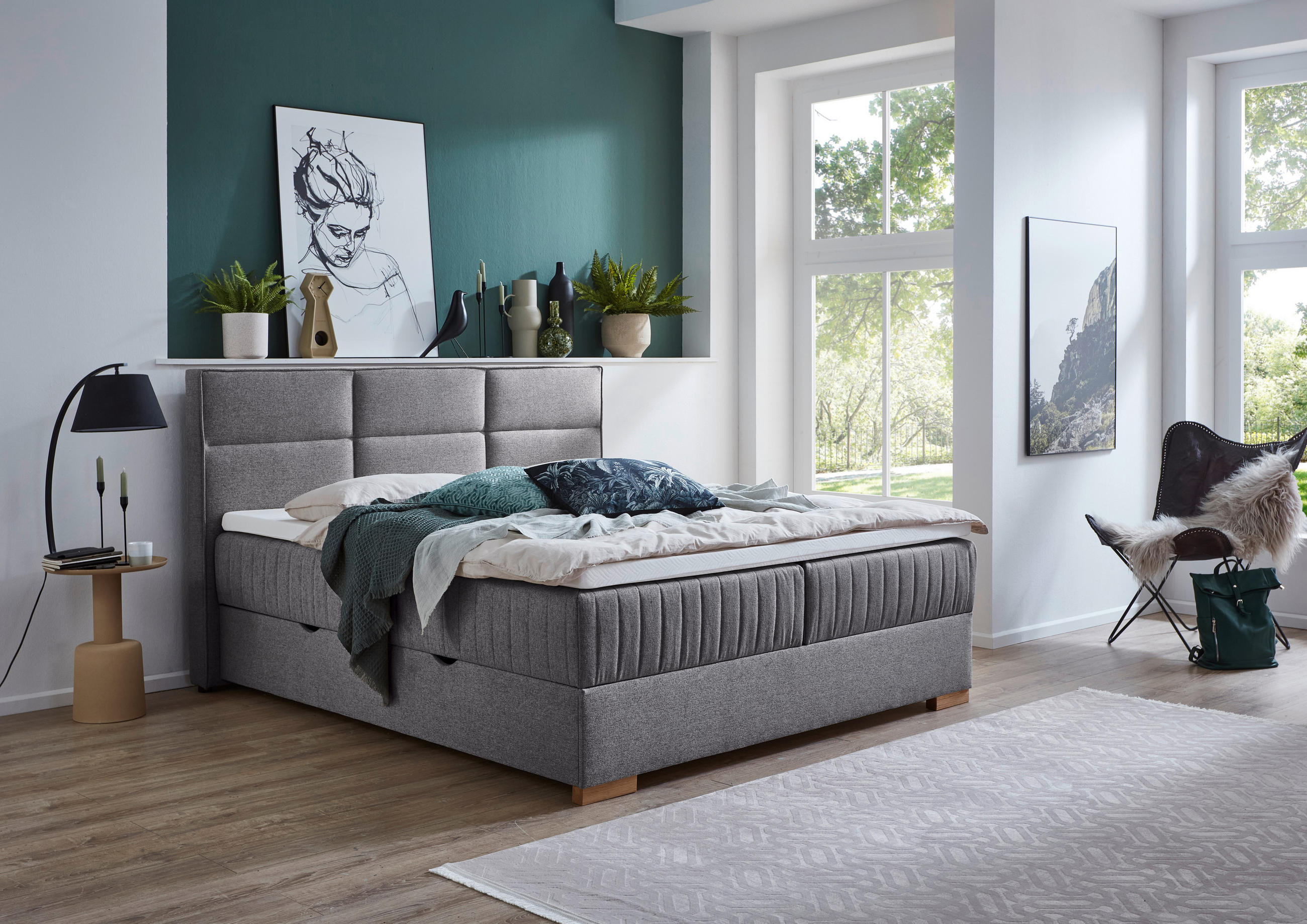 BOXSPRINGBETT 180/200 cm  in Grau  - Eichefarben/Grau, KONVENTIONELL, Holz/Textil (180/200cm) - Boxxx