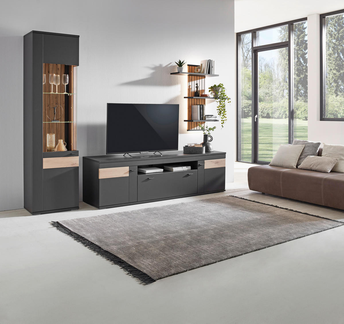 WOHNWAND  in Dunkelgrau, Eiche Artisan 296/205/50 cm  - Dunkelgrau/Schwarz, Design, Glas/Holzwerkstoff (296/205/50cm) - Stylife