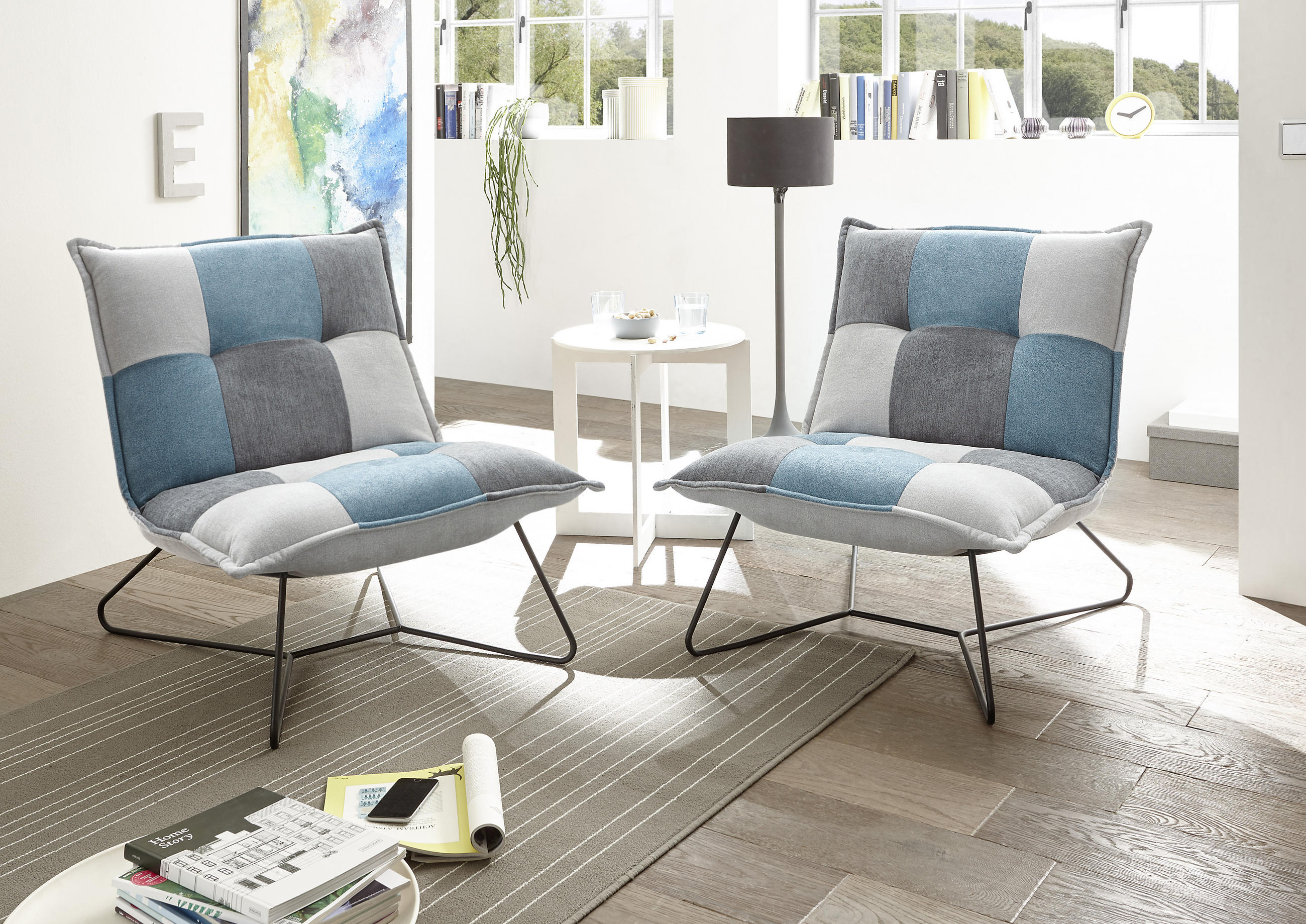 FÅTÖLJ i metall, textil blå, silver, mörkgrå  - mörkgrå/blå, Basics, metall/textil (69/76/86cm) - MID.YOU