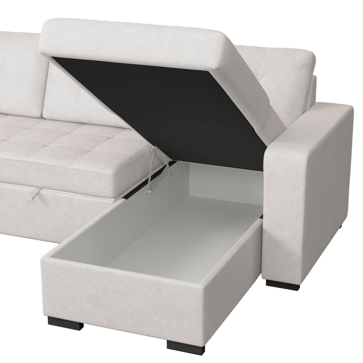 ECKSOFA TURIN Creme Mikrofaser, Struktur Rückenkissen, Bettkasten  - Creme/Schwarz, Trend, Textil/Metall (239/160cm) - MID.YOU