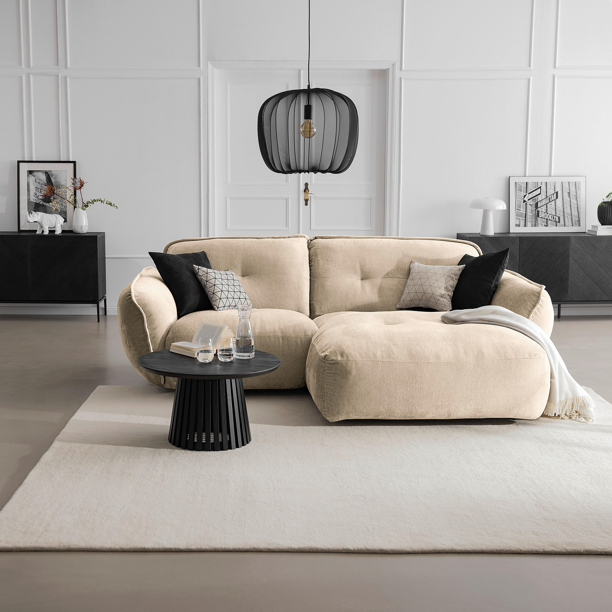 ECKSOFA in Chenille Creme  - Creme/Schwarz, Modern, Kunststoff/Textil (269/184cm) - Trendmanufaktur
