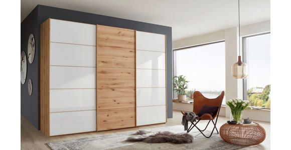SCHWEBETÜRENSCHRANK 300/217/67 cm 3-türig Weiß, Eiche Bianco - Eiche Bianco/Weiß, Natur, Glas/Holz (300/217/67cm) - Linea Natura