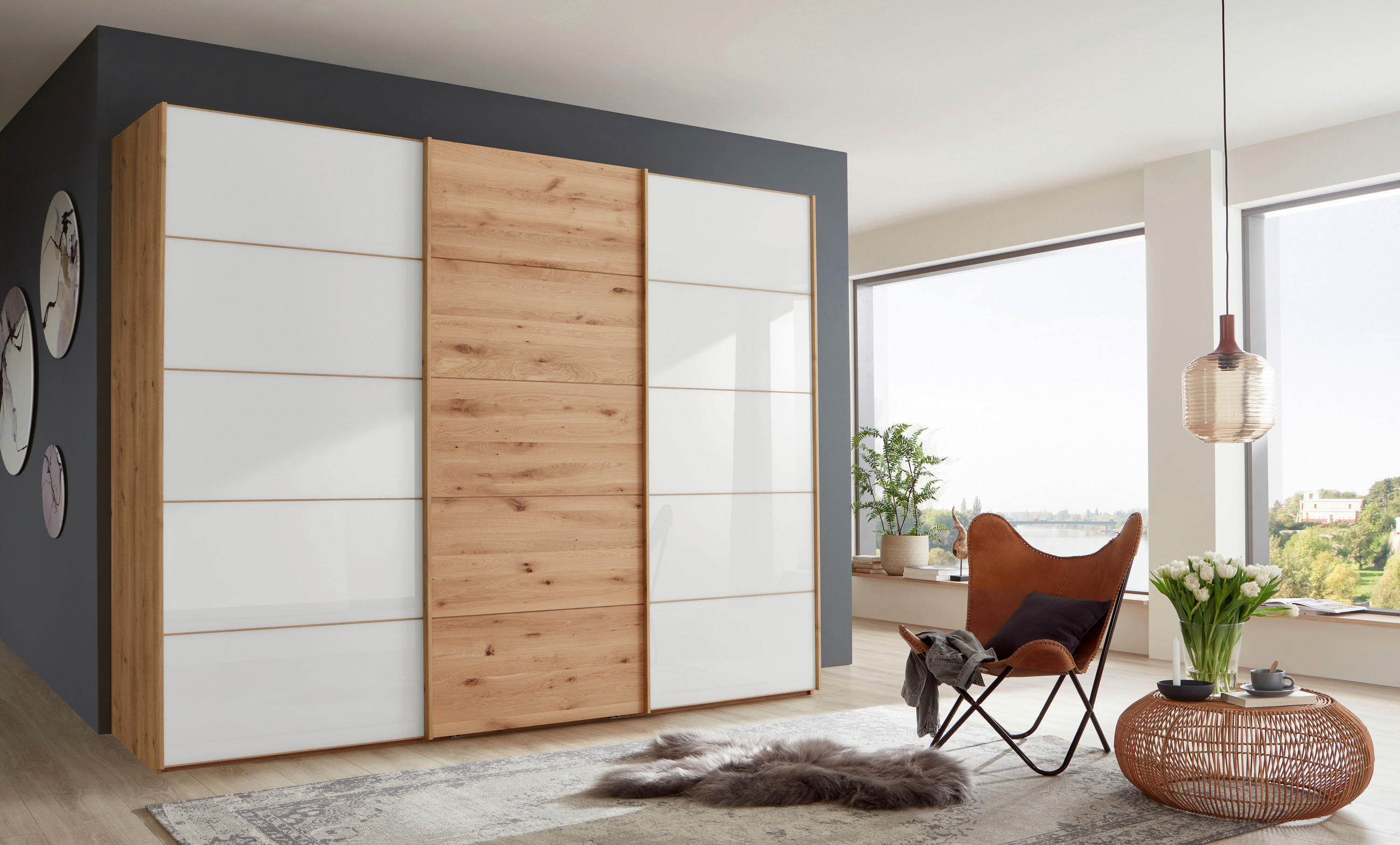 SCHWEBETÜRENSCHRANK 300/217/67 cm 3-türig Weiß, Eiche Bianco  - Eiche Bianco/Weiß, Natur, Glas/Holz (300/217/67cm) - Linea Natura