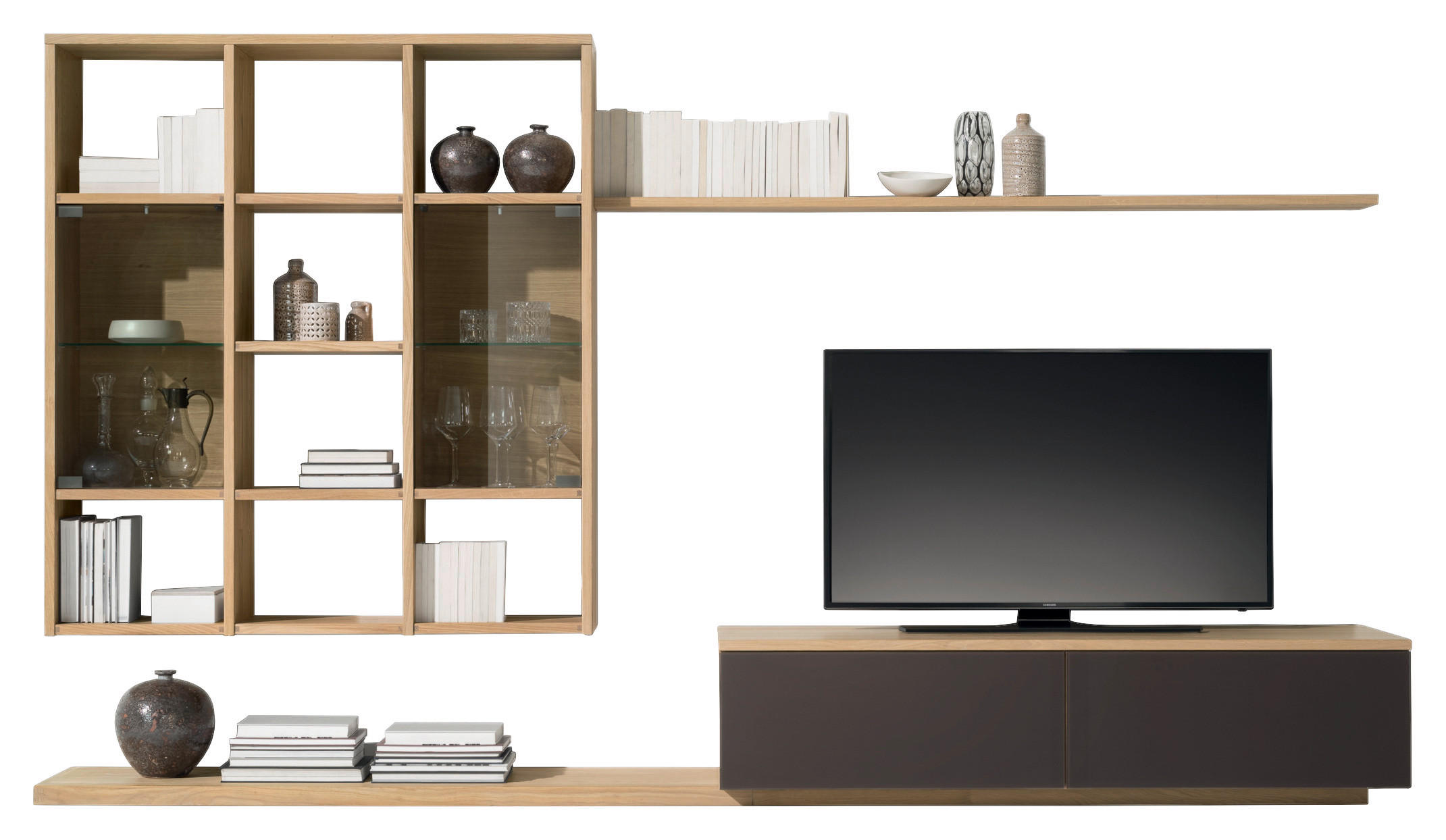 WOHNWAND  in Eichefarben, Dunkelbraun  320/183,4/48,3 cm  - Eichefarben/Dunkelbraun, Design, Glas/Holz (320/183,4/48,3cm) - Team 7