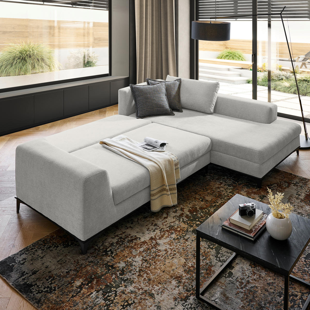 ECKSOFA inkl. Funktionen Creme Webstoff Rückenkissen, Bettkasten, Schlaffunktion, Rücken echt  - Wengefarben/Creme, Design, Holz/Textil (314/211cm) - Stylife