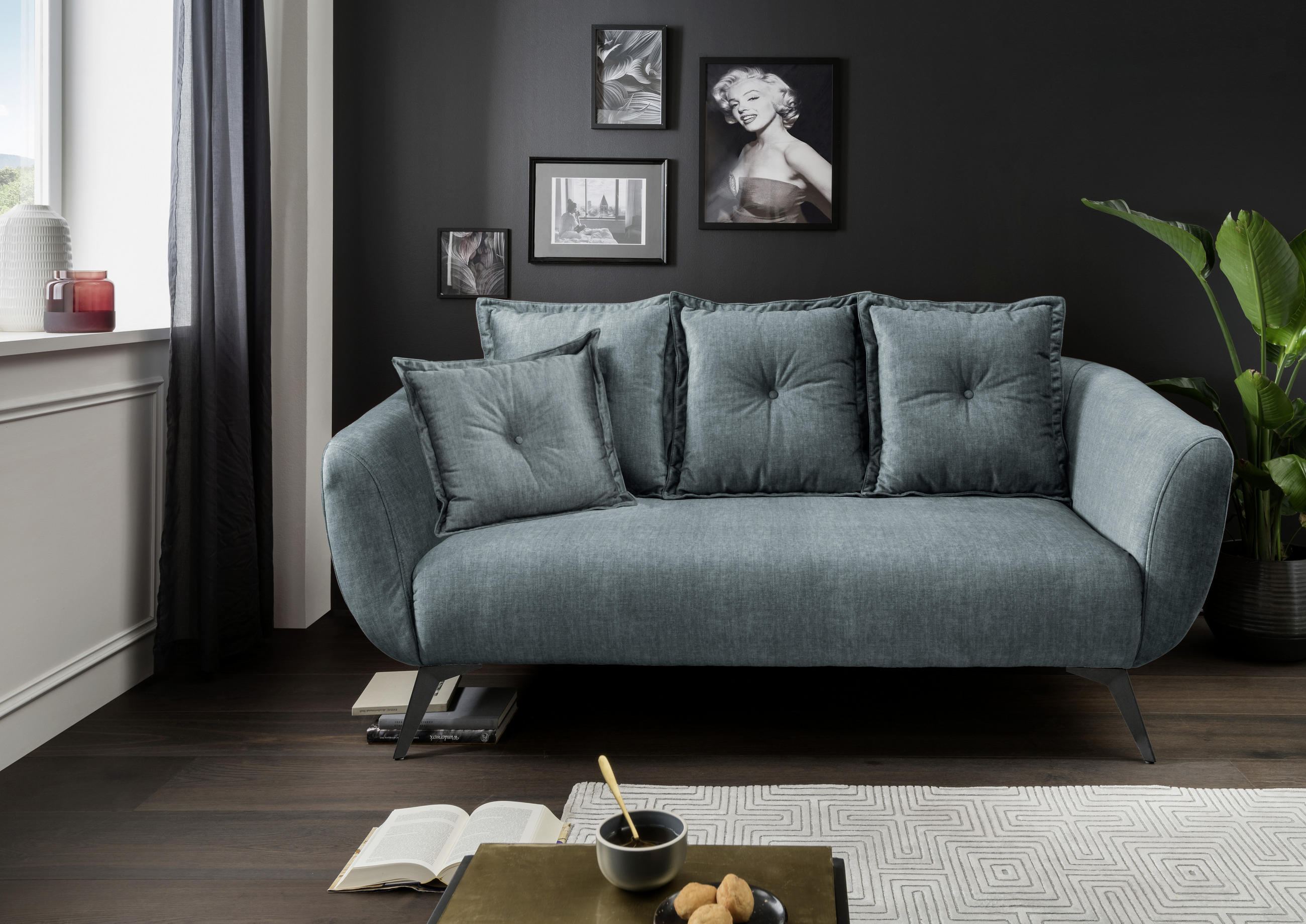 2,5-SITZER in Velours Blau  - Blau/Schwarz, Modern, Holz/Textil (196/94/103cm) - Livetastic