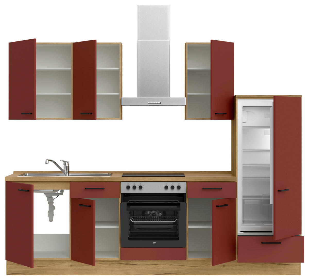 KÜCHENLEERBLOCK 270 cm   in Rot, Eichefarben  - Eichefarben/Rot, MODERN, Holzwerkstoff/Metall (270cm) - Nobilia