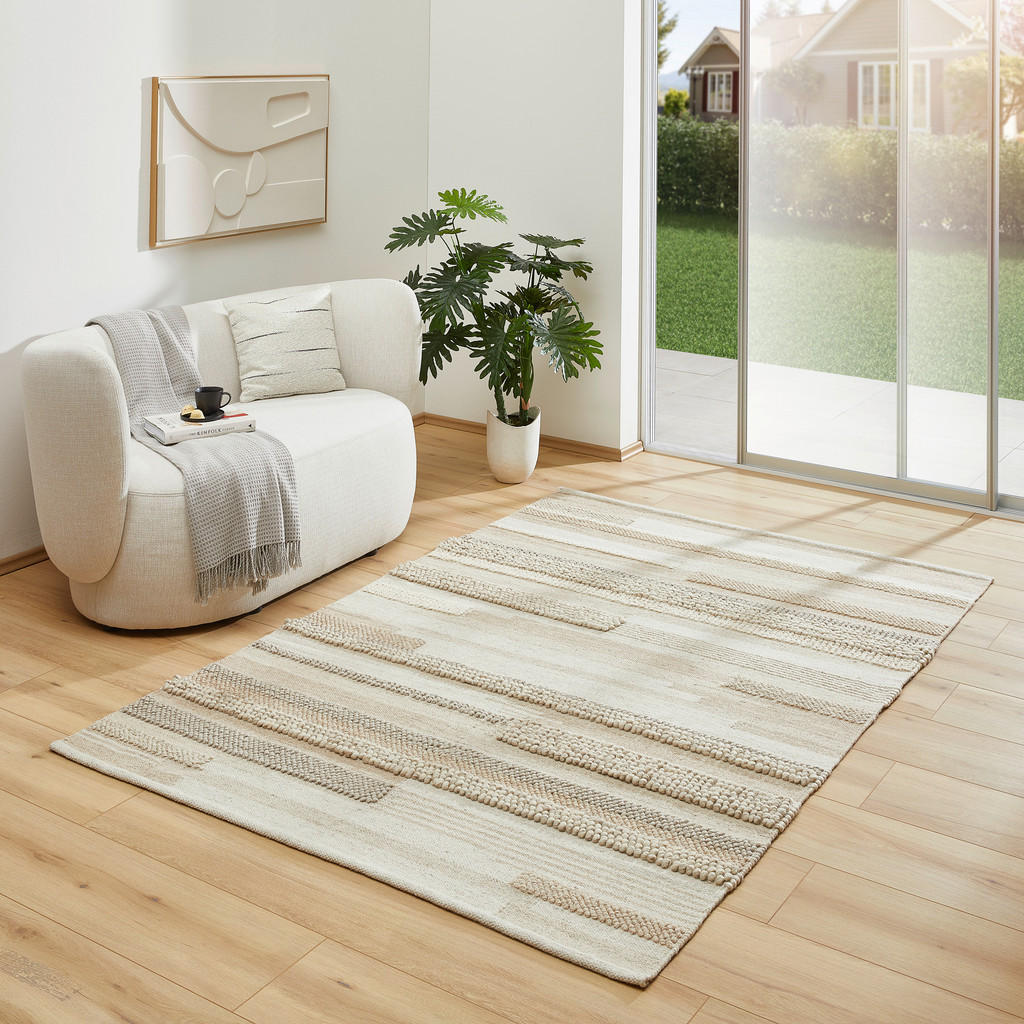 Thumbnail - Linea Natura Handwebteppich, Beige, Textil, Abstraktes, rechteckig, 130x190 cm, pflegeleicht, leicht zusammenrollbar, Te...