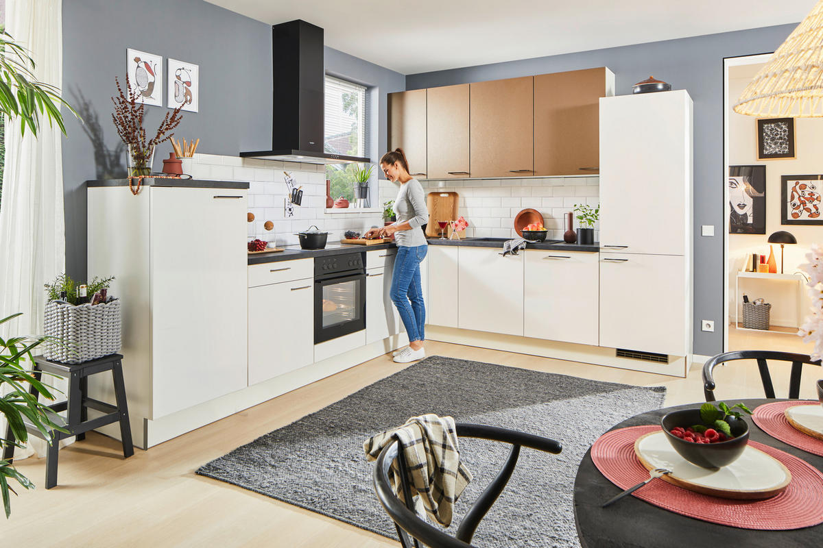 ECKKÜCHE 330/270 cm  in Weiß, Bronzefarben  - Schwarz/Weiß, Design, Holzwerkstoff/Metall (330/270cm) - Xora