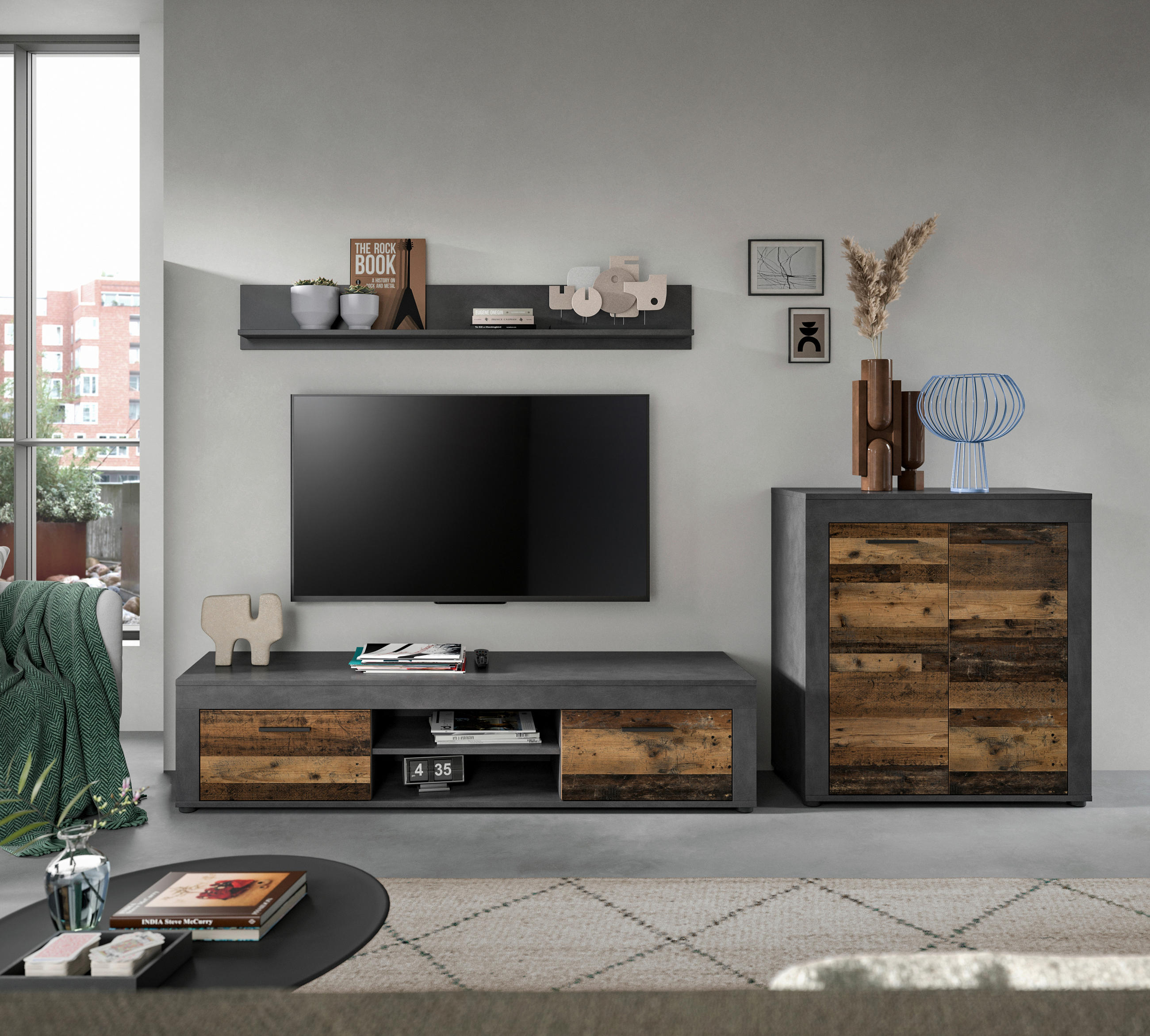 OBÝVACÍ STĚNA, šedá, přírodní barvy - šedá/černá, Design, kompozitní dřevo/plast (255/159/35cm) - MID.YOU