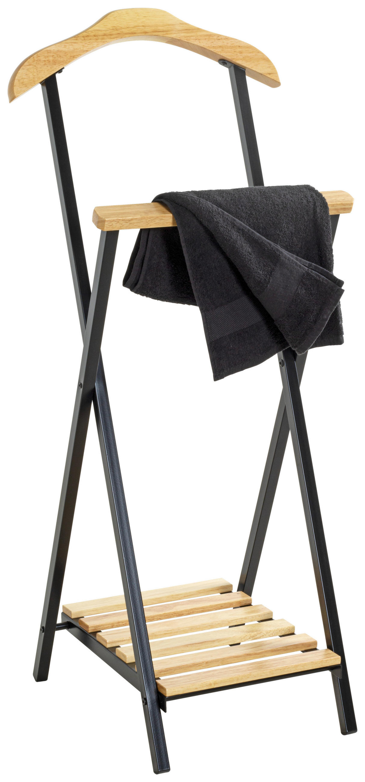 Thumbnail - Herrendiener, Natur, Schwarz, Holz, Metall, massiv, 45x110x30 cm, Schuhablage, standfeste Füße, Hosenhalter, Jackenhalte...