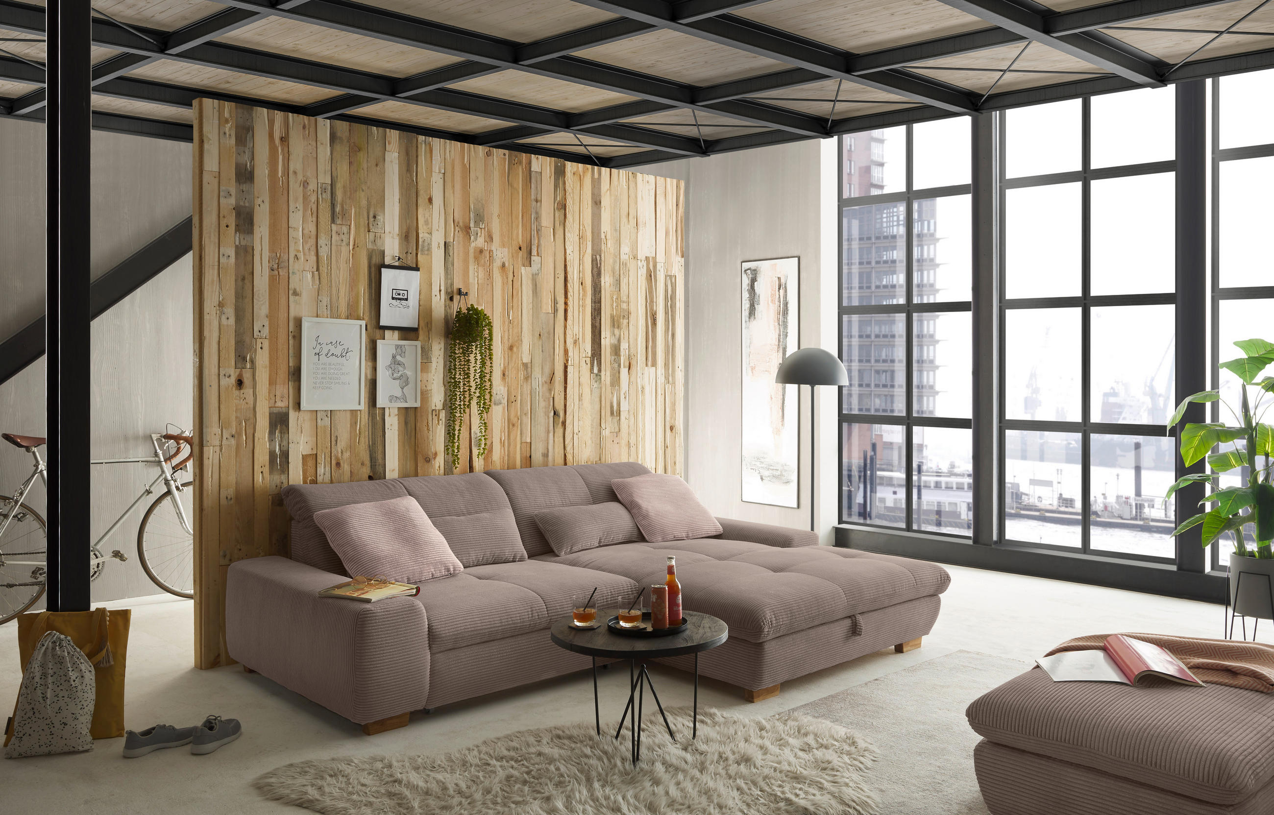 HOCKER Cord Greige  - Greige/Eichefarben, Design, Holz/Textil (106/43/74cm) - SetOne by Musterring