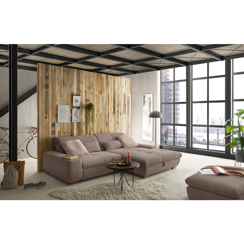 Thumbnail - SetOne by Musterring Ecksofa, Greige, Textil, Eiche, massiv, 2-Sitzer, Ottomane rechts, L-Form, 276x198 cm, Bettkasten e...