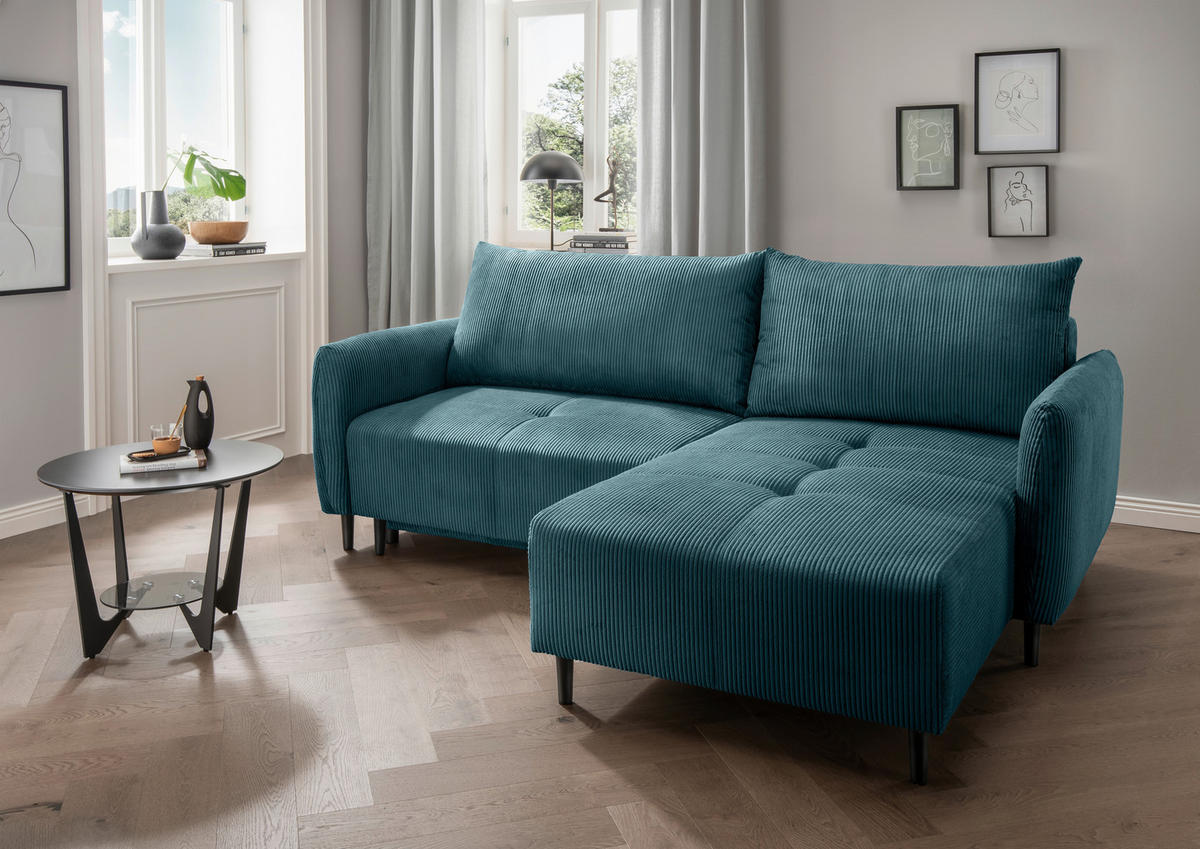 ECKSCHLAFSOFA Cord Petrol  - Petrol/Schwarz, Basics, Holz/Textil (238/174cm) - Livetastic