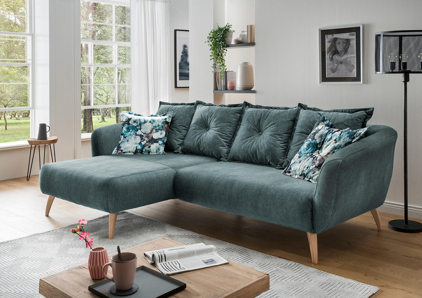 ECKSOFA Blau, Multicolor Velours  - Blau/Buchefarben, MODERN, Holz/Textil (162/277cm) - Livetastic