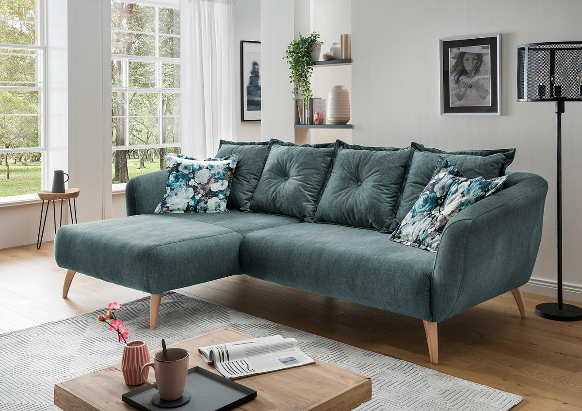 ECKSOFA Blau, Multicolor Velours  - Blau/Buchefarben, MODERN, Holz/Textil (162/277cm) - Livetastic