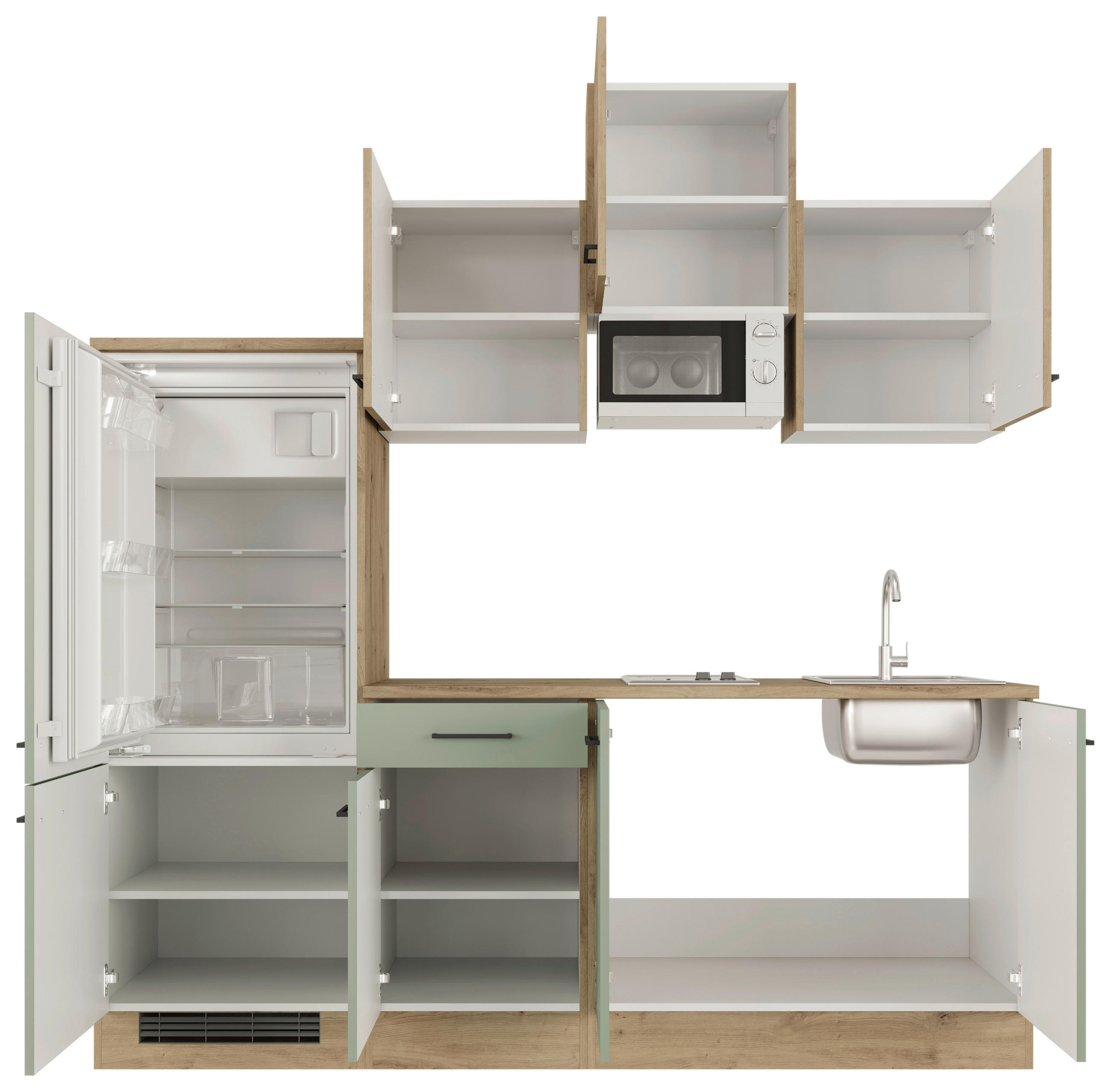 KÜCHENBLOCK 210 cm in Grün, Eiche Artisan - Schwarz/Eiche Artisan, MODERN, Holzwerkstoff/Metall (210cm) - FlexWell