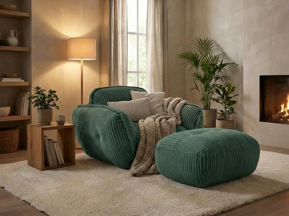 HOCKER BE FLUFFY Cord Dunkelgrün  - Dunkelgrün/Schwarz, MODERN, Kunststoff/Textil (92/46/74cm) - Trendmanufaktur