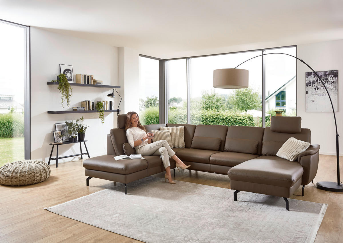 WOHNLANDSCHAFT Beldomo premium Braun Echtleder  - Schwarz/Braun, KONVENTIONELL, Leder/Metall (224/306/168cm) - Beldomo Premium