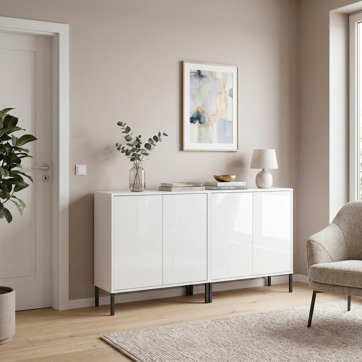 SIDEBOARD Mailand Set 2 + MF 158/86/33 cm  - Weiß Hochglanz/Anthrazit, MODERN, Holzwerkstoff/Metall (158/86/33cm) - MID.YOU