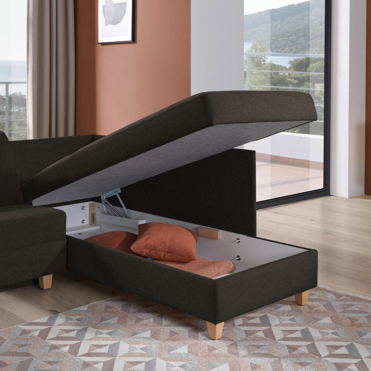 ECKSOFA in Flachgewebe Dunkelbraun  261/203 cm  - Eichefarben/Dunkelbraun, KONVENTIONELL, Holz/Textil (261/203cm) - Sedda
