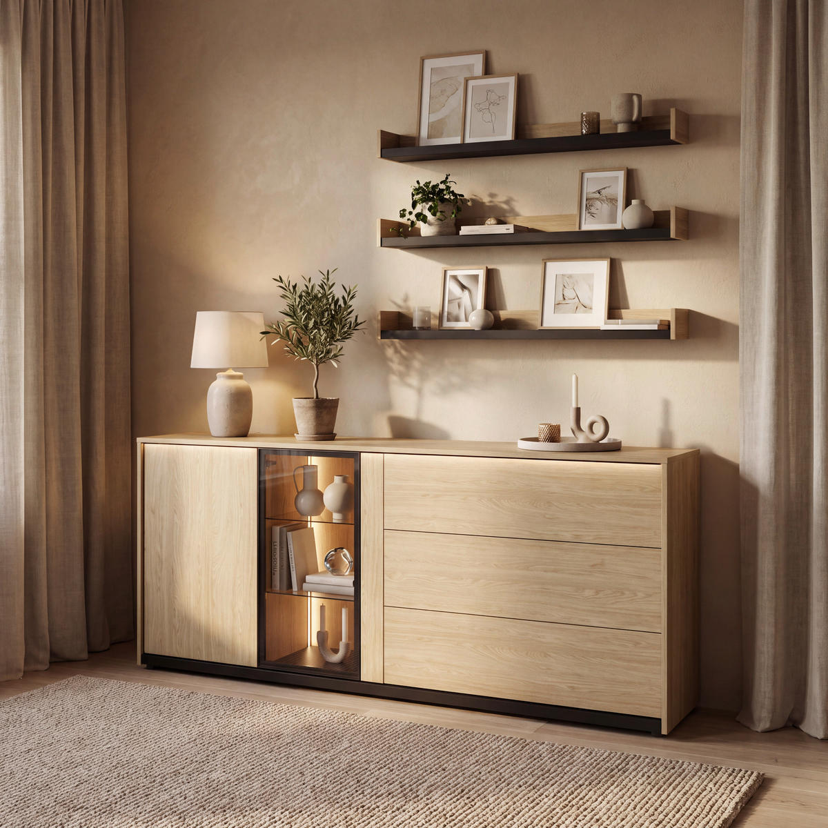 SIDEBOARD FRAME 195/82/40 cm 3 Schublade(n)  - Eichefarben/Schwarz, MODERN, Glas/Holzwerkstoff (195/82/40cm) - Stylife