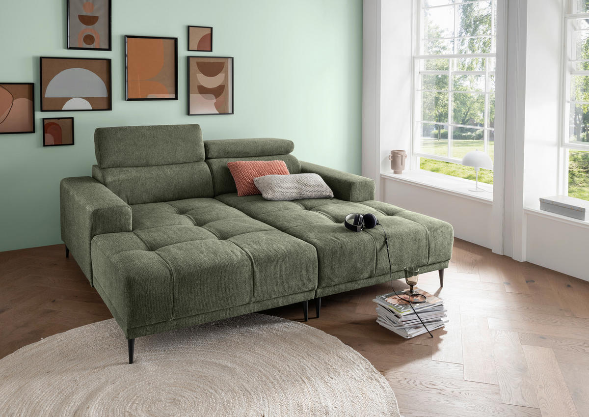 ECKSOFA in Chenille Dunkelgrün  - Dunkelgrün/Schwarz, Konventionell, Textil/Metall (200/188cm) - Livetastic