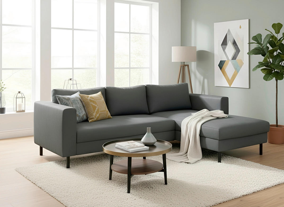 ECKSOFA Anthrazit Struktur  - Anthrazit/Schwarz, MODERN, Textil/Metall (232/161cm) - Trendmanufaktur