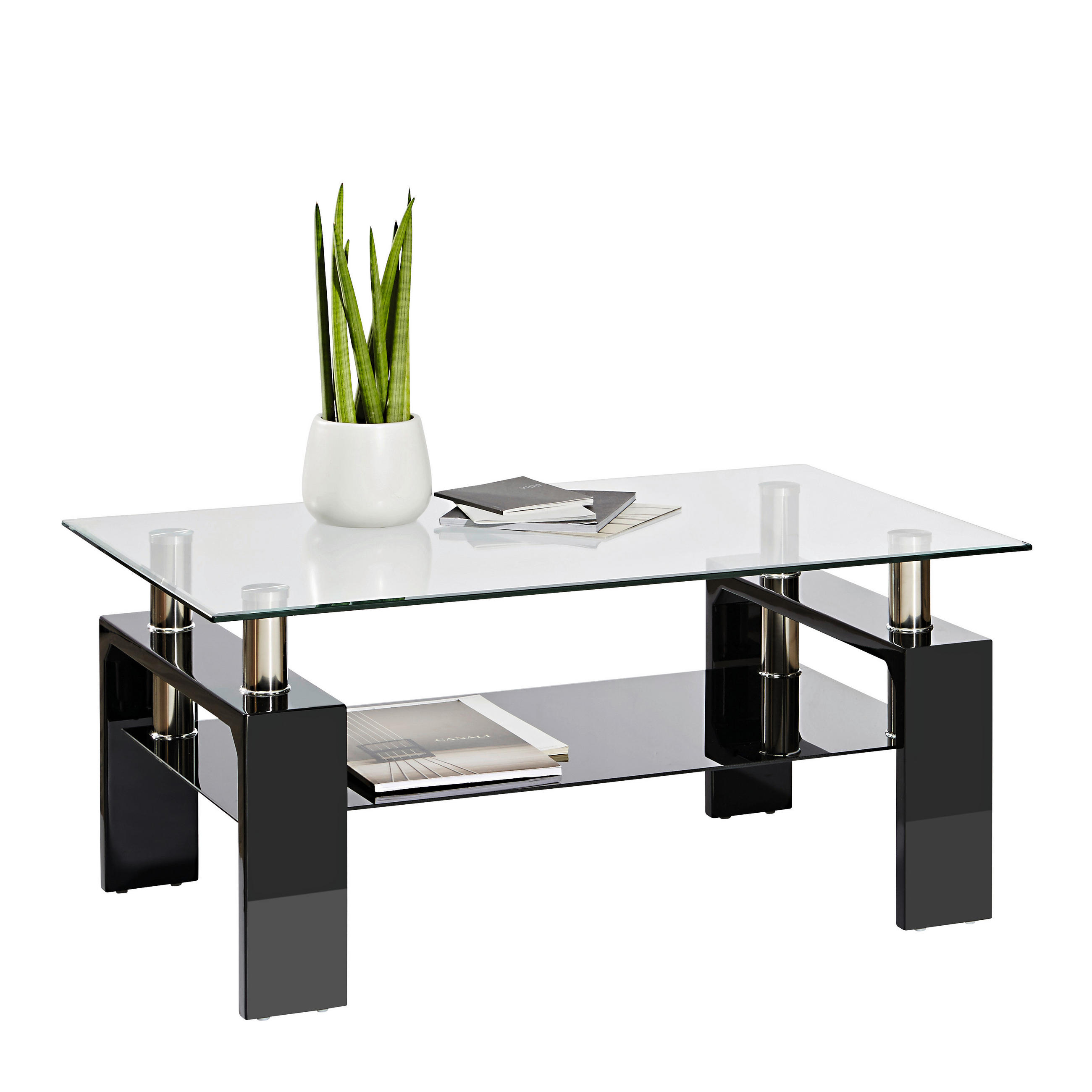 Măsuță De Cafea din metal, sticlă, material pe bază de lemn, 100/60/45 cm   - negru lucios intens, Design, sticlă/metal (100/60/45cm) - Carryhome