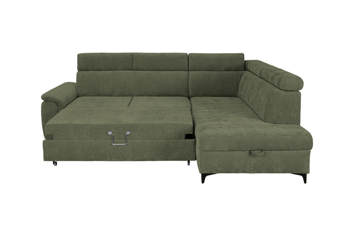 ECKSOFA Dunkelgrün Chenille Bettkasten, Schlaffunktion, Rücken echt, Kopfteilverstellung, Liegefläche im Originalstoff  - Dunkelgrün/Schwarz, KONVENTIONELL, Textil/Metall (265/206cm) - Carryhome