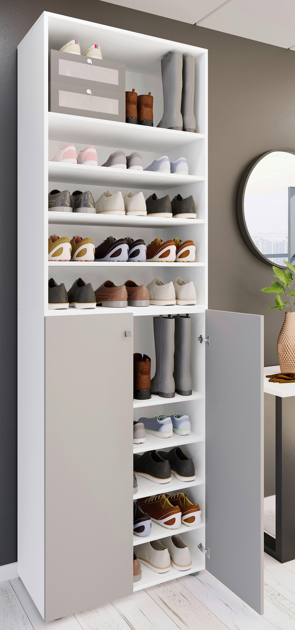 SCHUHSCHRANK Lona  in 70/220/40 cm  - Weiss/Silberfarben, Design, Holzwerkstoff/Kunststoff (70/220/40cm) - MID.YOU