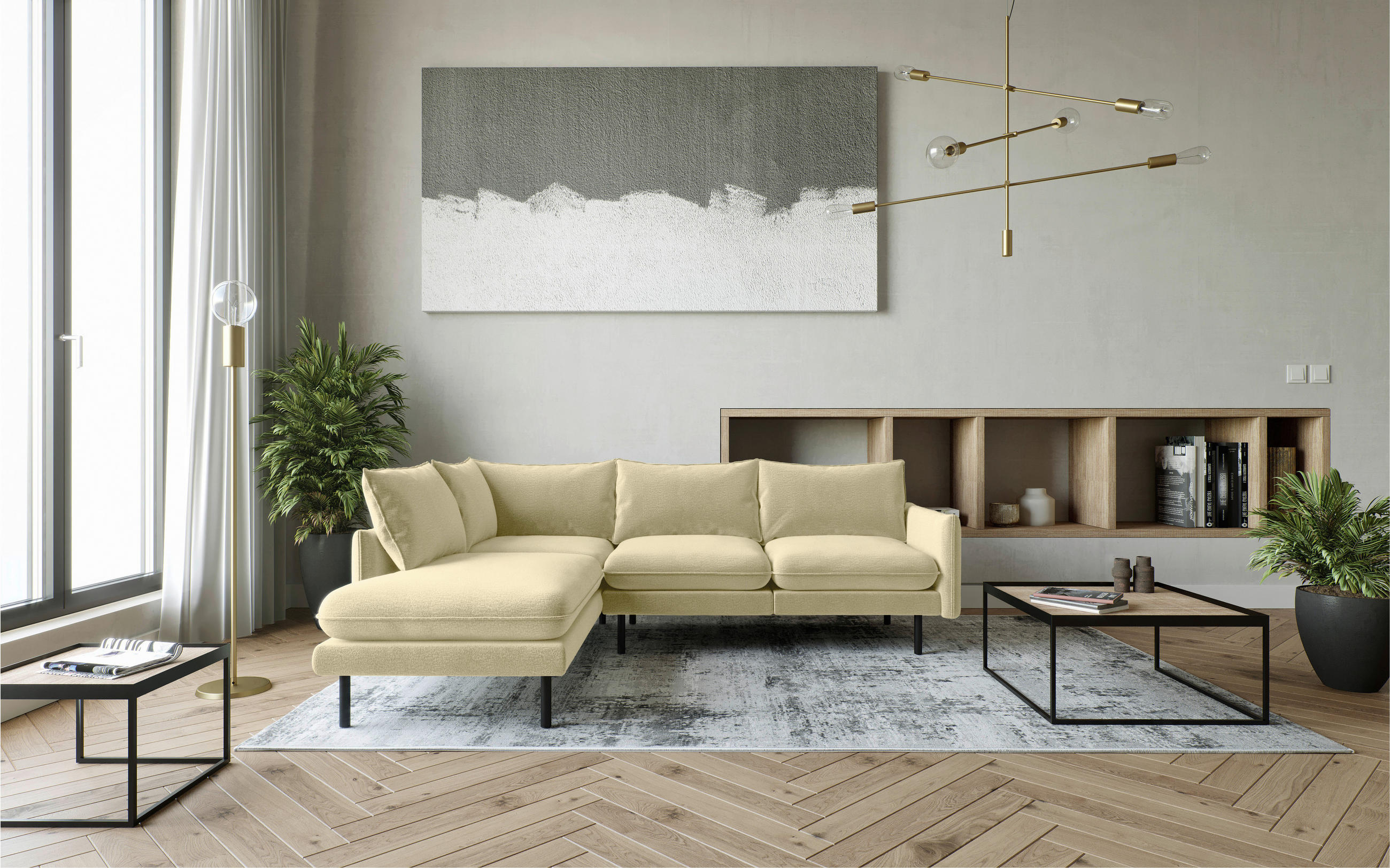 ECKSOFA Beige Flachgewebe  - Beige/Schwarz, Design, Textil/Metall (204/267cm) - Livetastic