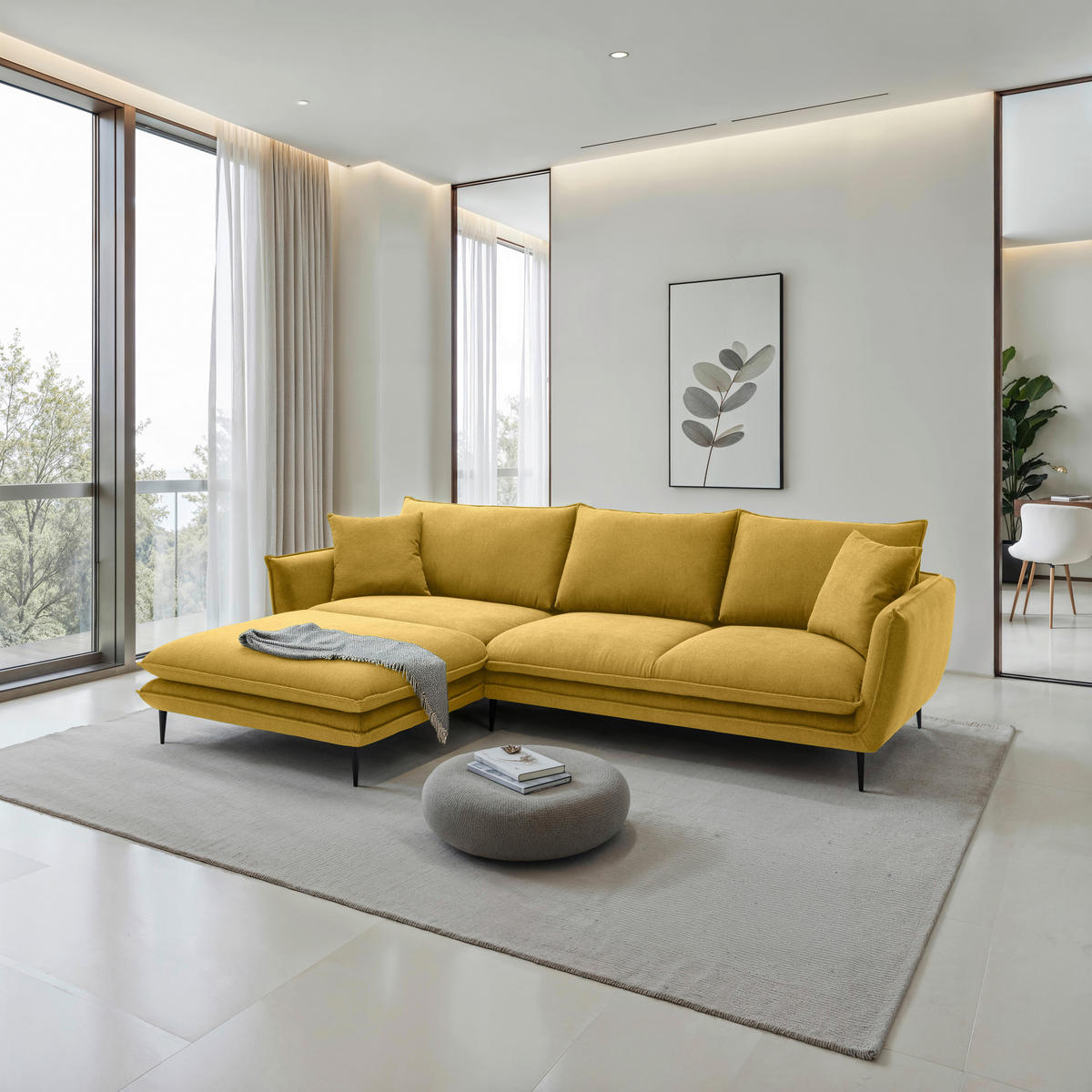 ECKSOFA Currygelb Webstoff  - Currygelb/Schwarz, KONVENTIONELL, Textil/Metall (196/304cm) - Hom`in