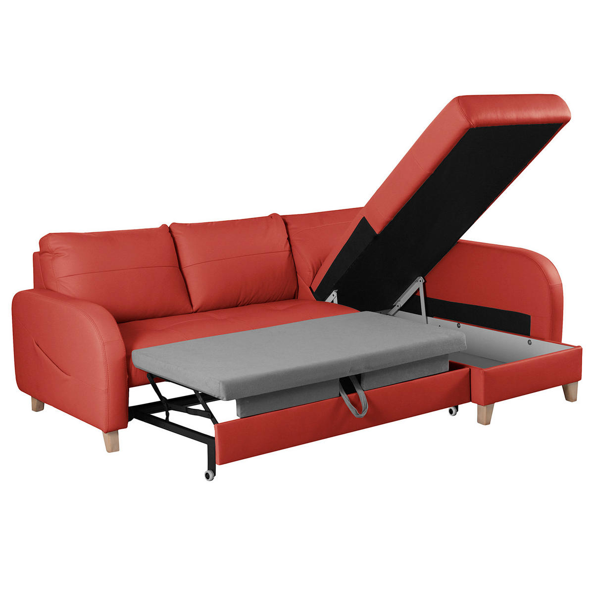 ECKSOFA Rot Echtleder Lederlook  - Buchefarben/Rot, Design, Leder/Holz (227/168cm) - Livetastic