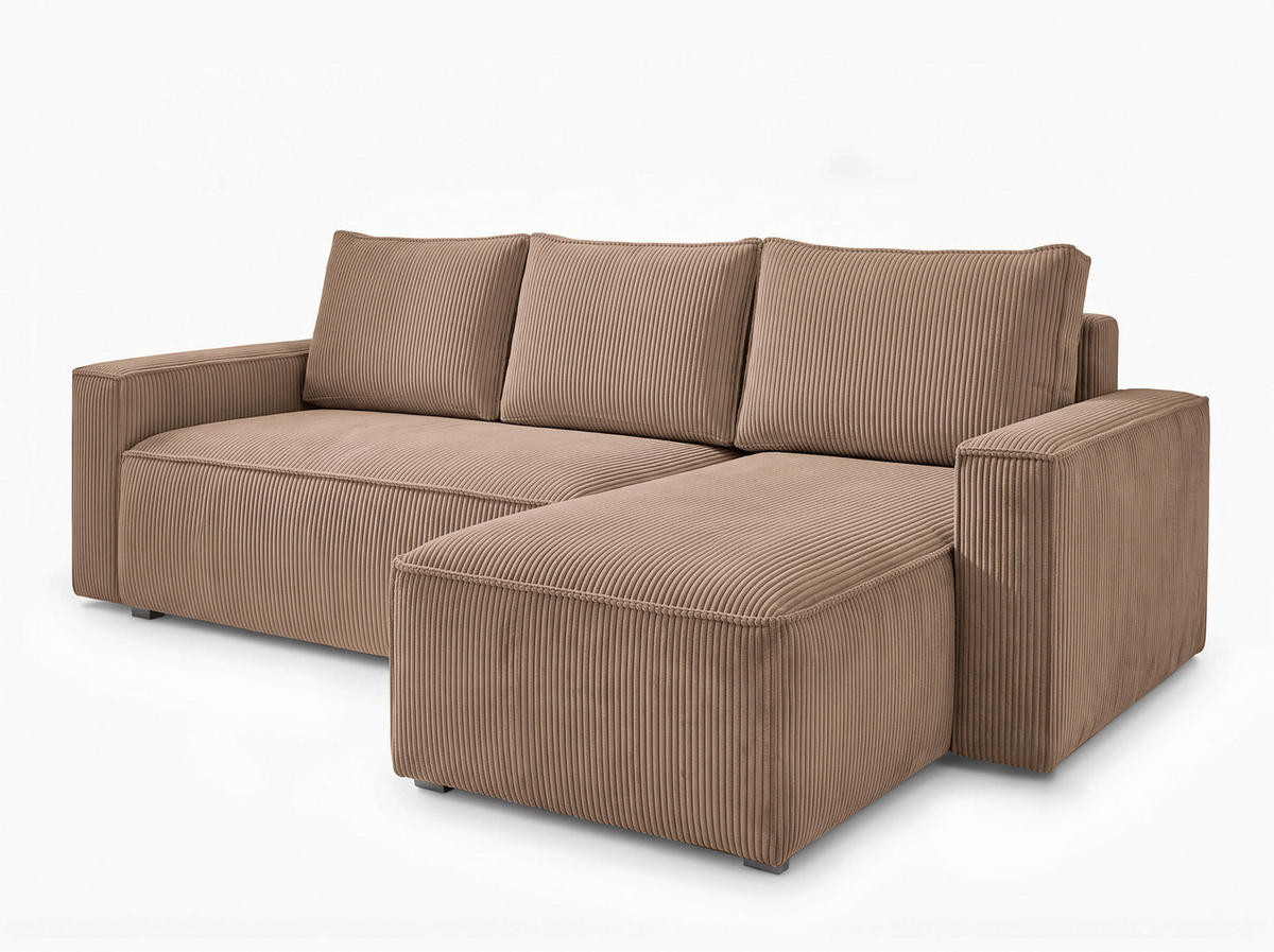 ECKSOFA Hellbraun Cord Rückenkissen, Bettkasten, Schlaffunktion, Rücken echt, Liegefläche im Originalstoff  - Hellbraun/Schwarz, MODERN, Kunststoff/Textil (232/140cm) - Xora