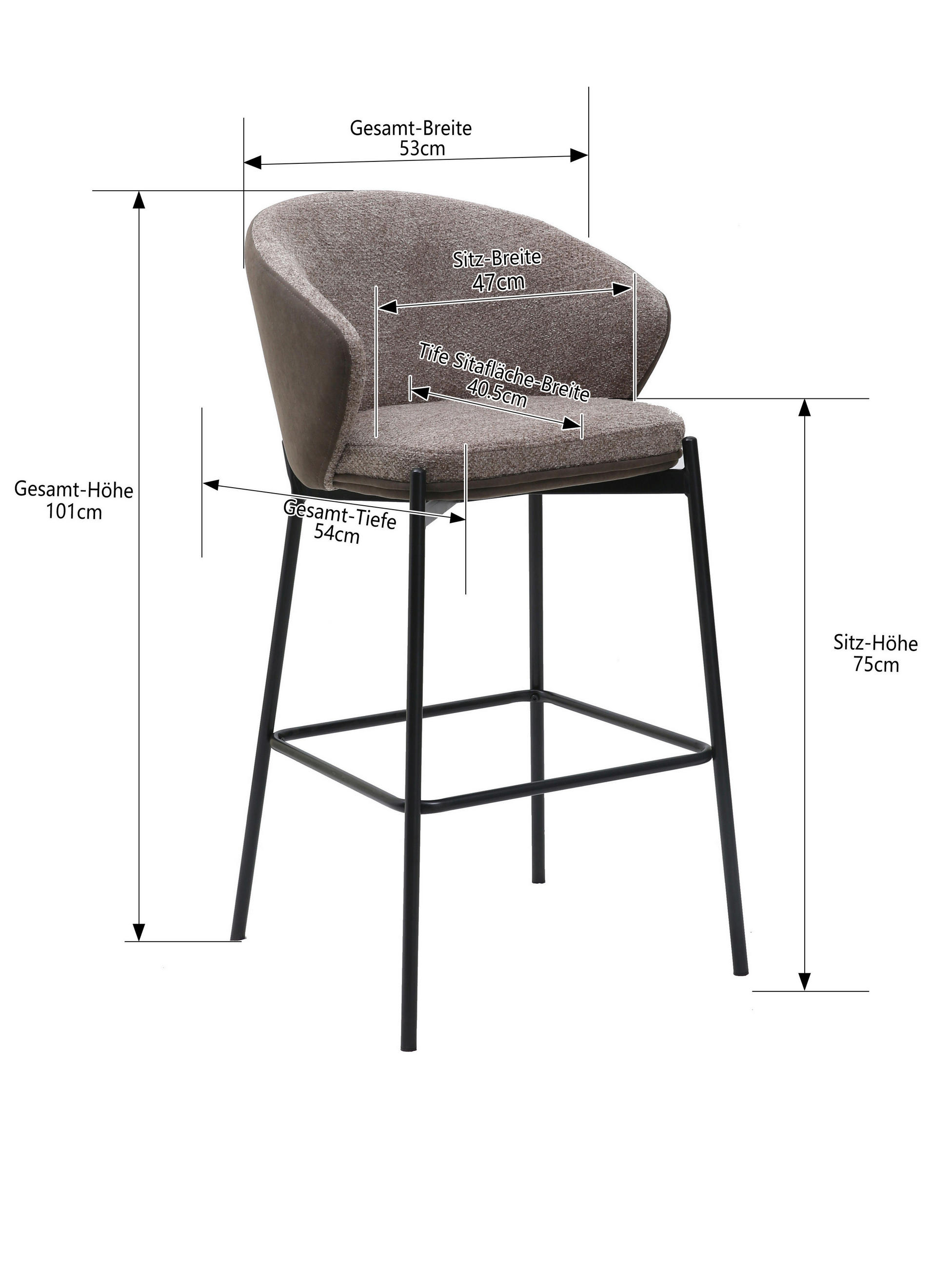 BARHOCKER Samt Grau Eisen  - Schwarz/Grau, MODERN, Textil/Metall (53,5/101/54cm) - MID.YOU