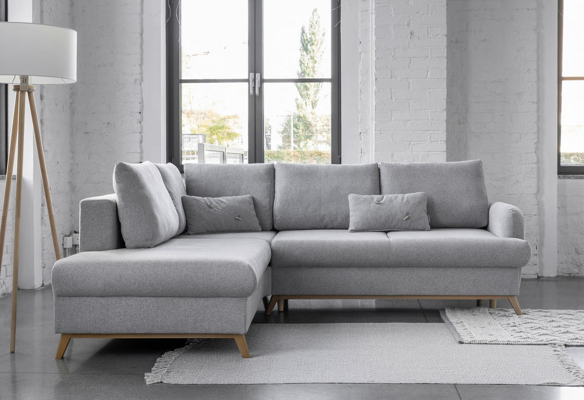 ECKSOFA in Chenille Hellgrau  - Hellgrau/Naturfarben, Holz/Textil (202/242cm) - MID.YOU