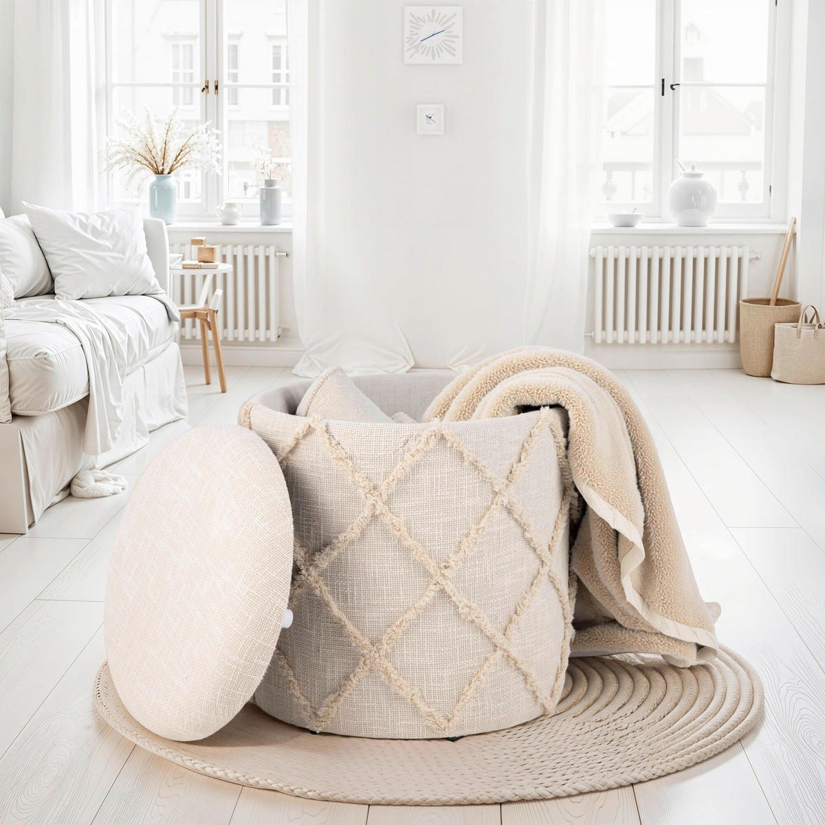 HOCKER in Textil Creme  - Creme, Basics, Textil (40/45/40cm) - Livetastic