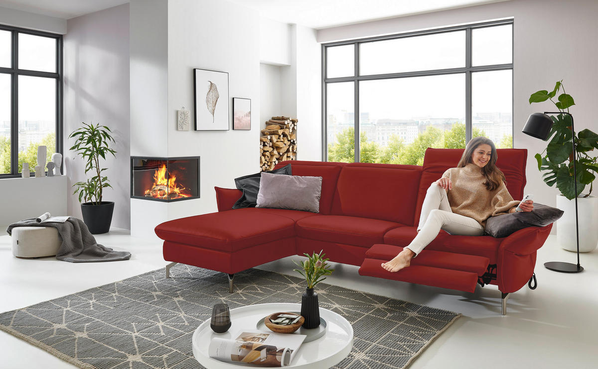 ECKSOFA Rot Lederlook (vegan)  - Rot/Nickelfarben, MODERN, Textil/Metall (179/233cm) - Livetastic