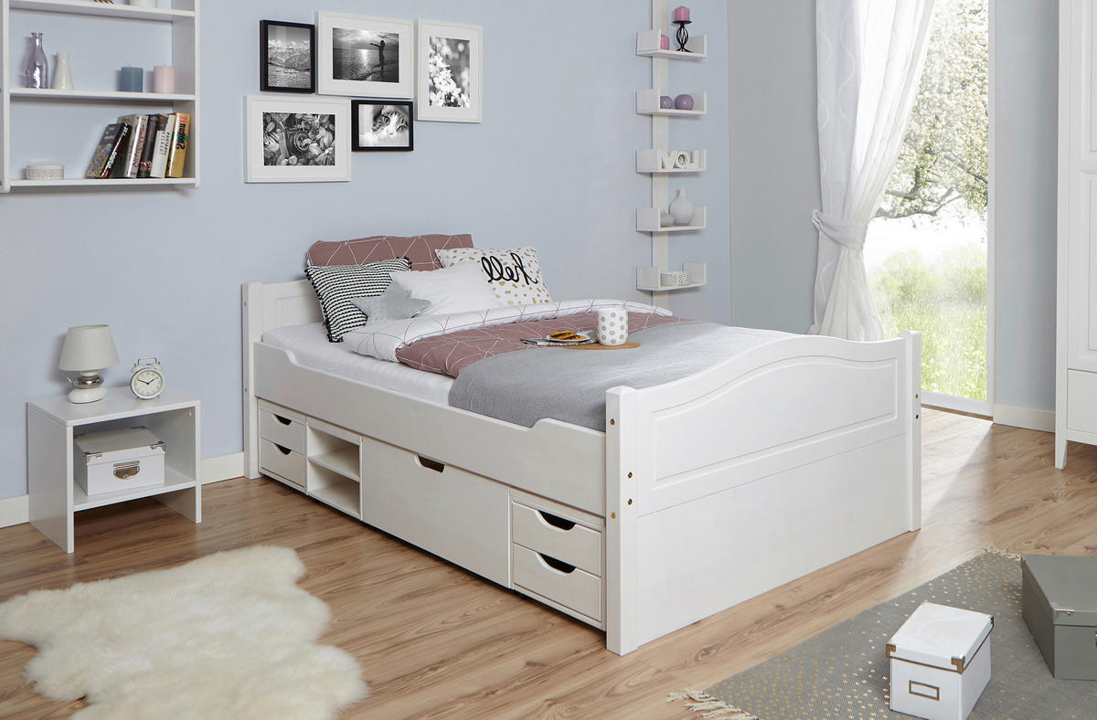 STAURAUMBETT 120/200 cm  in Weiß  - Weiß/Naturfarben, MODERN, Holz (120/200cm) - MID.YOU