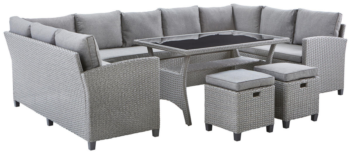 DINING-LOUNGESET Stahl  - Schwarz/Grau, KONVENTIONELL, Glas/Kunststoff (165/294/165cm) - Ambia Garden