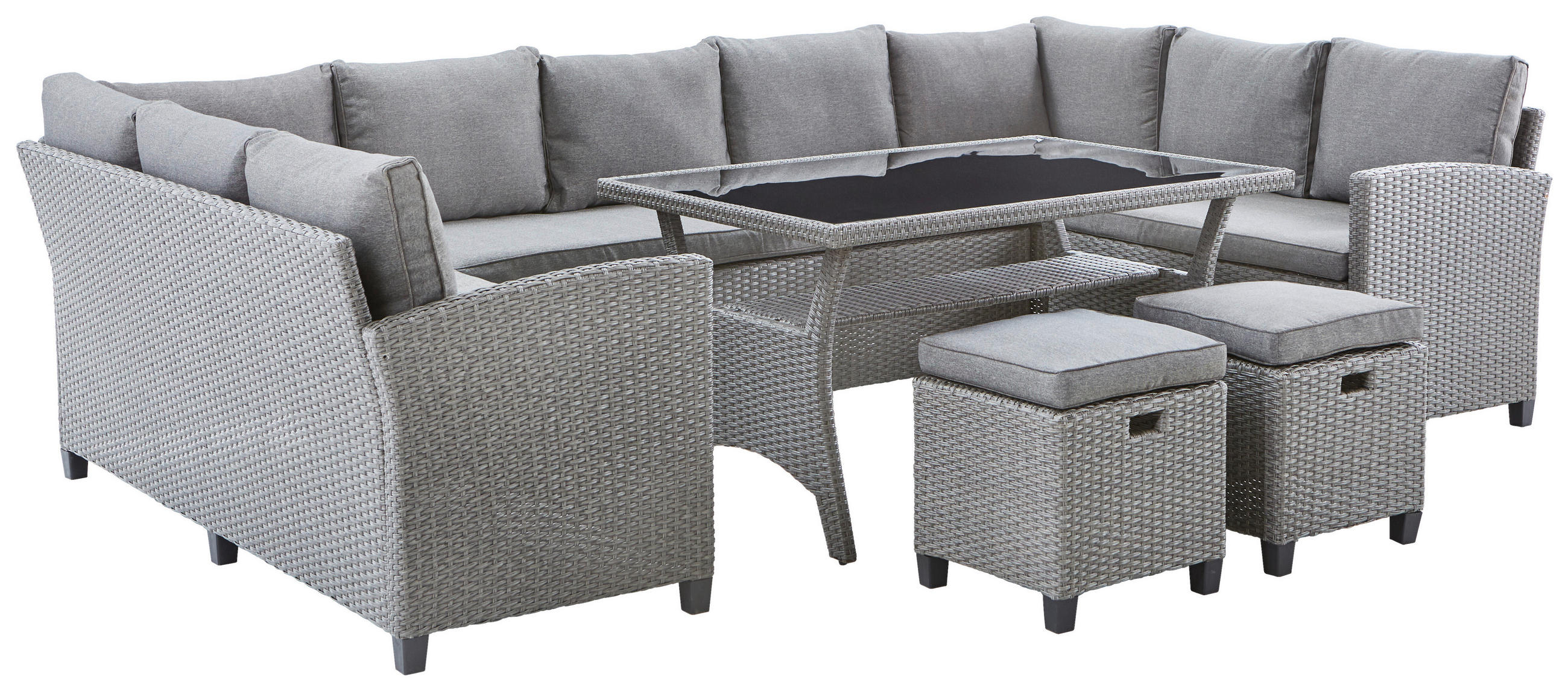 Thumbnail - Ambia Garden Dining-Loungeset, Grau, Schwarz, Metall, Kunststoff, Glas, Textil, 6-teilig, Füllung: Schaumstoff, 294x165 ...
